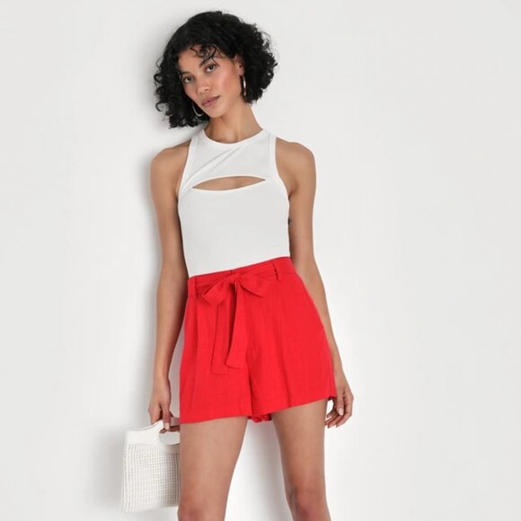 Red Linen Tie-Front Lulus Shorts size S - Picture 3 of 4
